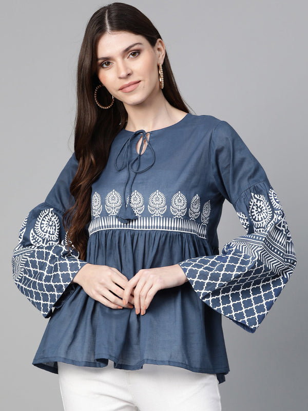 Jashvi Navy Blue Ethnic Motifs Bell Sleeves A-Line Top