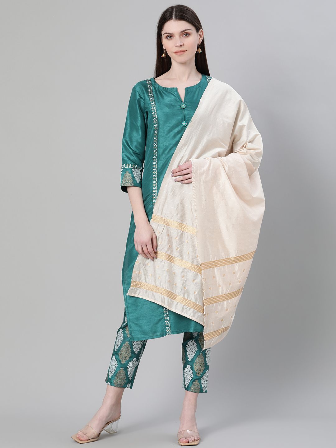 Women's Green Color Foil Print Straight Kurta Pant And Dupatta Set - Ziyaa