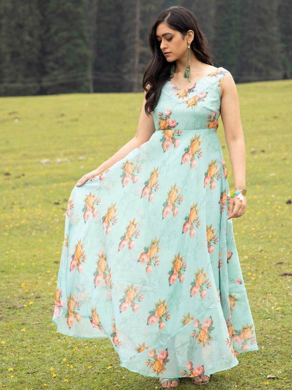 Women's Green Floral Print V-Neck Gown Dress - Aks