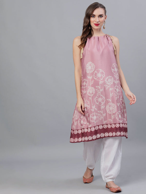 Women's Purple Floral Print A-Line Kurta - Aks