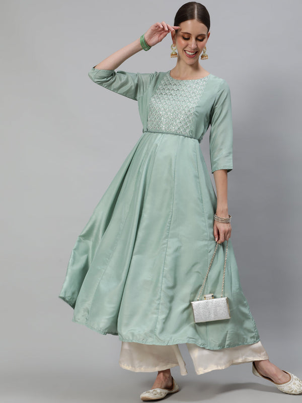 Women's Pastel Green Flared Anarkali - Aks