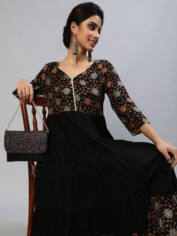 Women's Black Gold Printed Tiered Anarkali - Aks