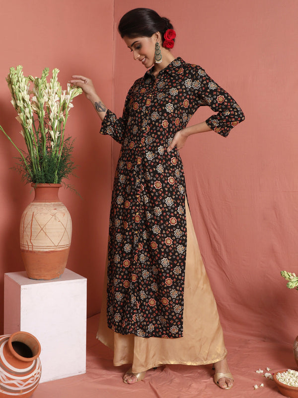 Women's Black Gold Printed Button Down Kurta - Aks