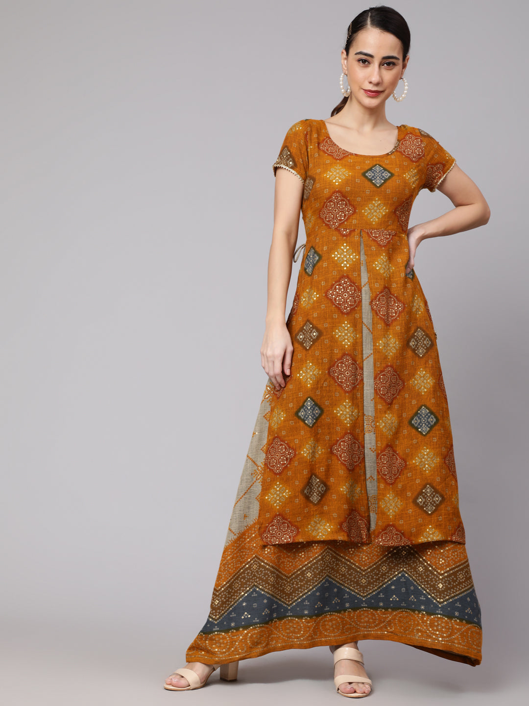 Women's Mustard Bandhani Printed Layered Maxi Dress - Aks