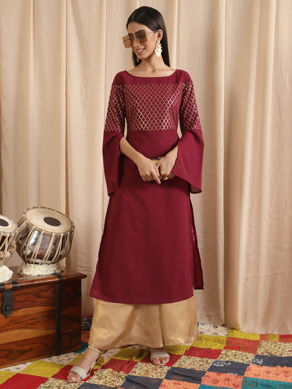 Women's Maroon Gold Foil Print Kurta - Aks