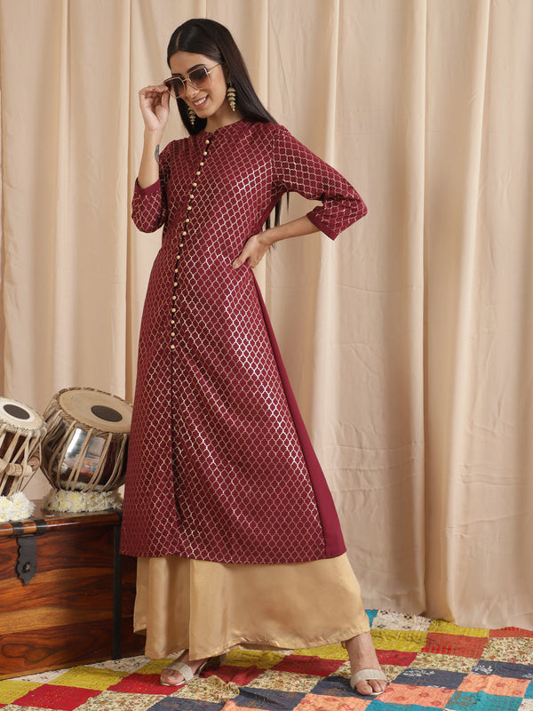 Women's Maroon Foil Printed A-Line Kurta - Aks