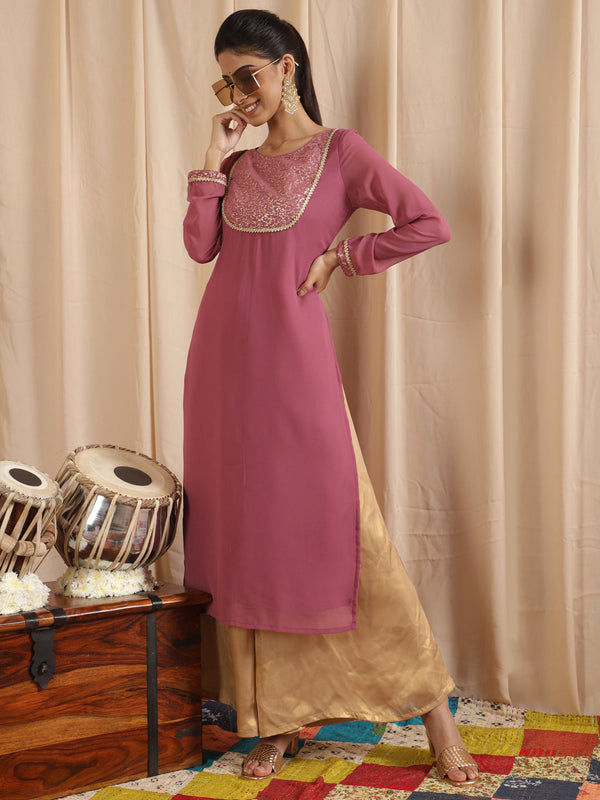 Women's Mauve Gold Foil Print Kurta - Aks