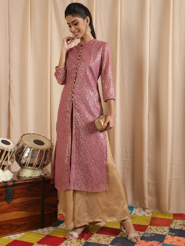 Women's Mauve Gold Foil Print High Slit Kurta - Aks