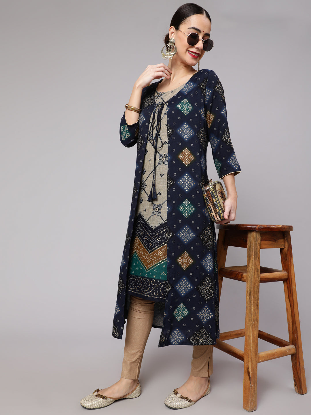 Women's Navy Blue Bandhani Printed Kurta With Jacket Set - Aks