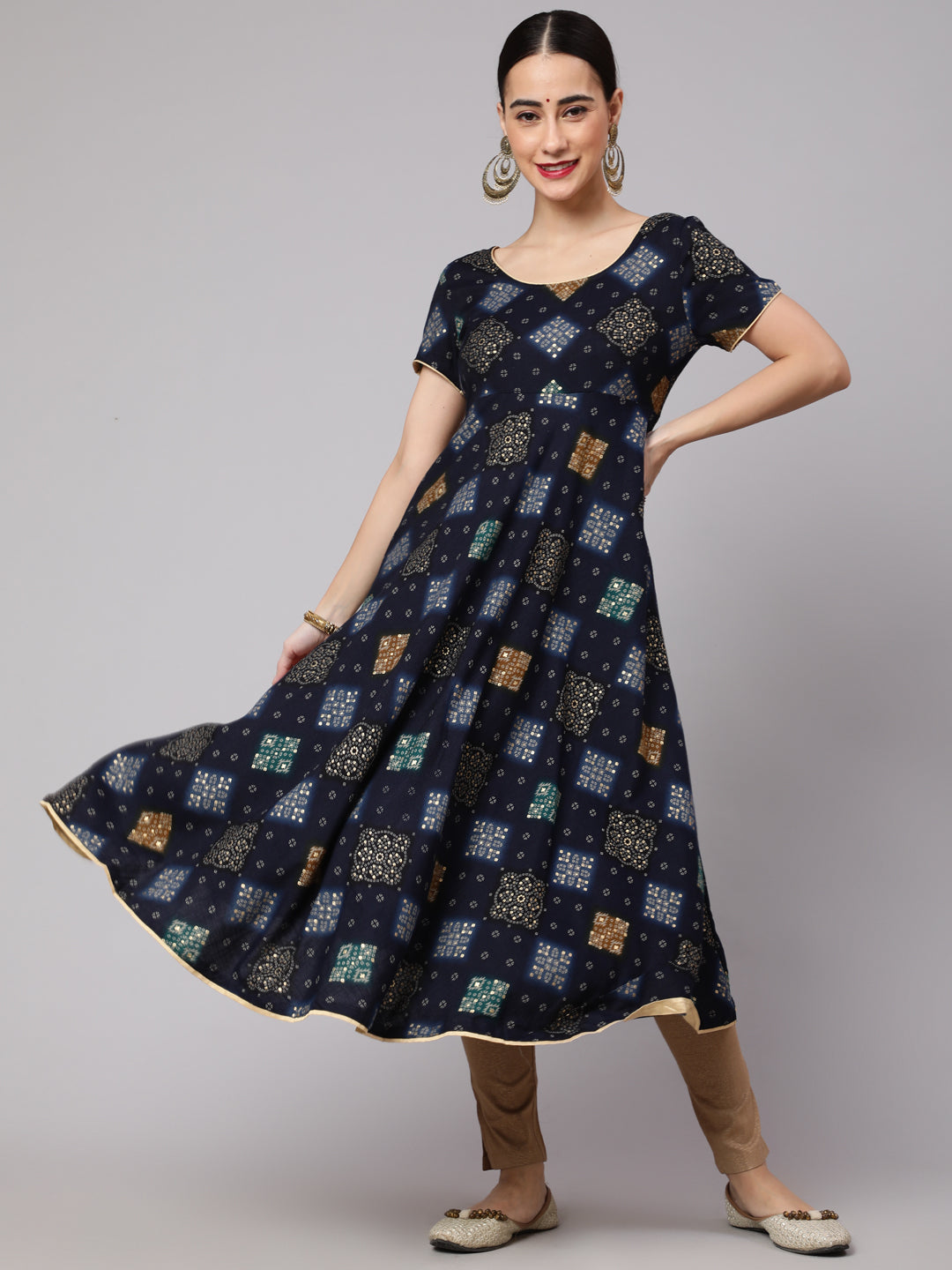 Women's Navy Blue Bandhani Printed Anarkali - Aks