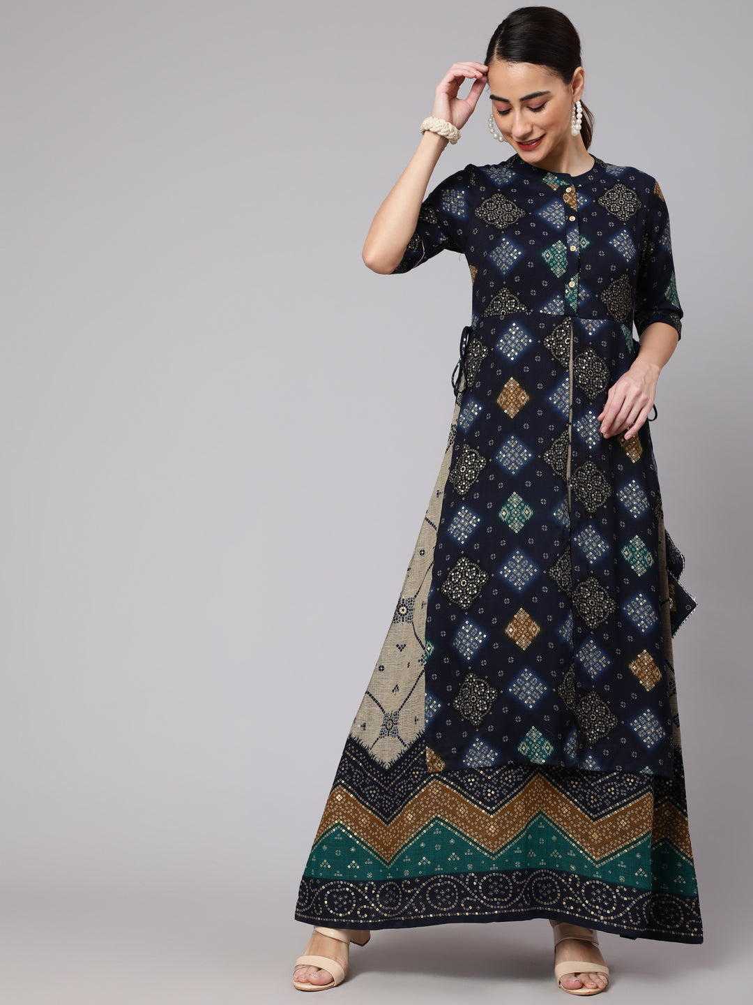 Women's Navy Blue Bandhani Printed Layered Maxi Dress - Aks