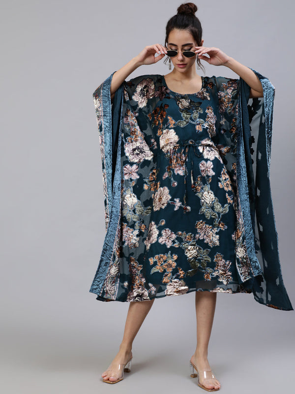 Women's Blue Floral Print Kaftan Sleeve Dress - Aks