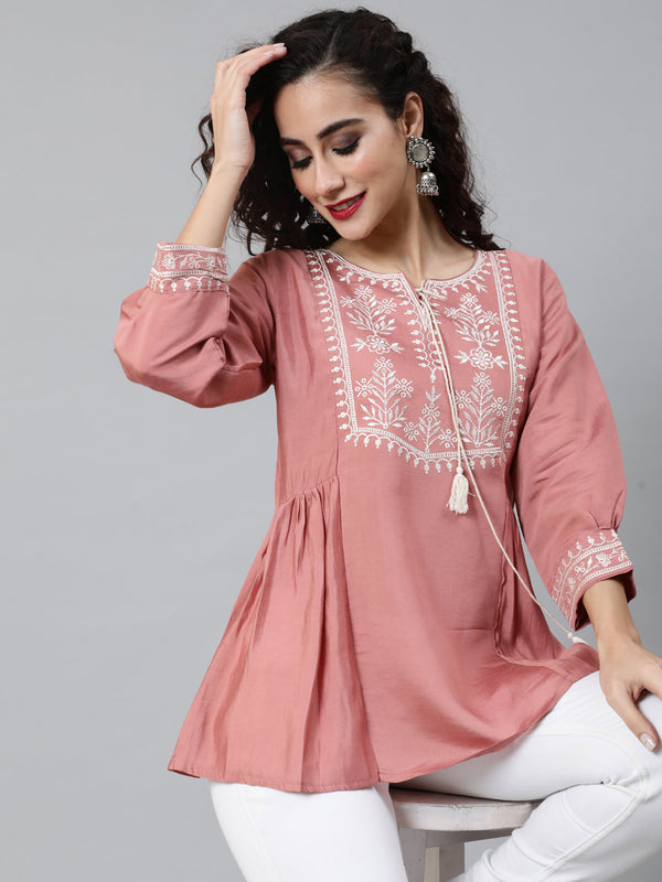 Women's Rose Gold Embroidered Gathered Tunic - Aks