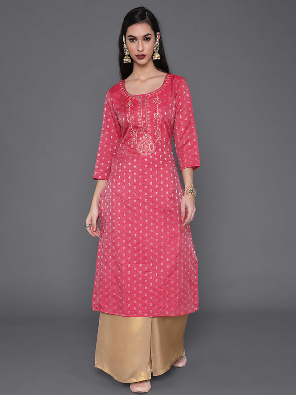 Women's Pink Dobby Designed Embroidered Kurta - Aks