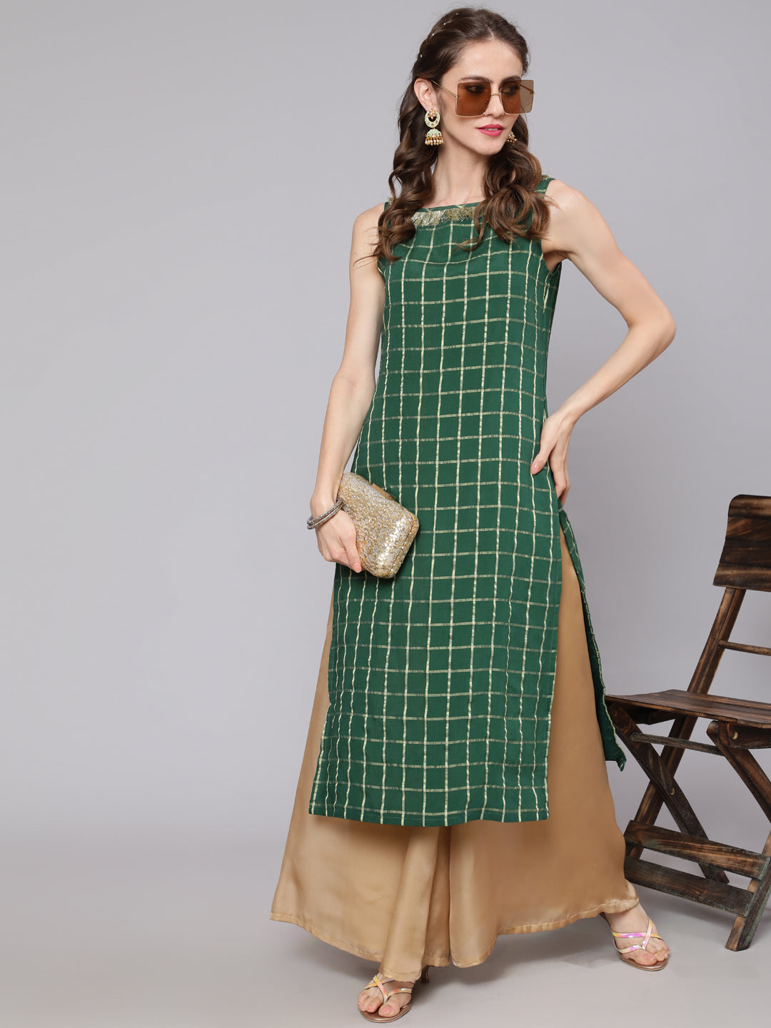 Women's Green Woven Design Straight Kurta - Aks