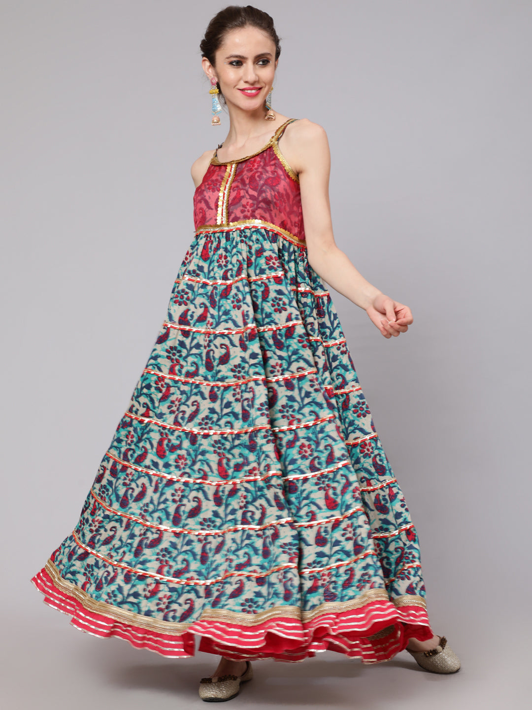 Women's Blue & Pink Floral Printed Tiered Maxi Dress With Lace Details - Aks