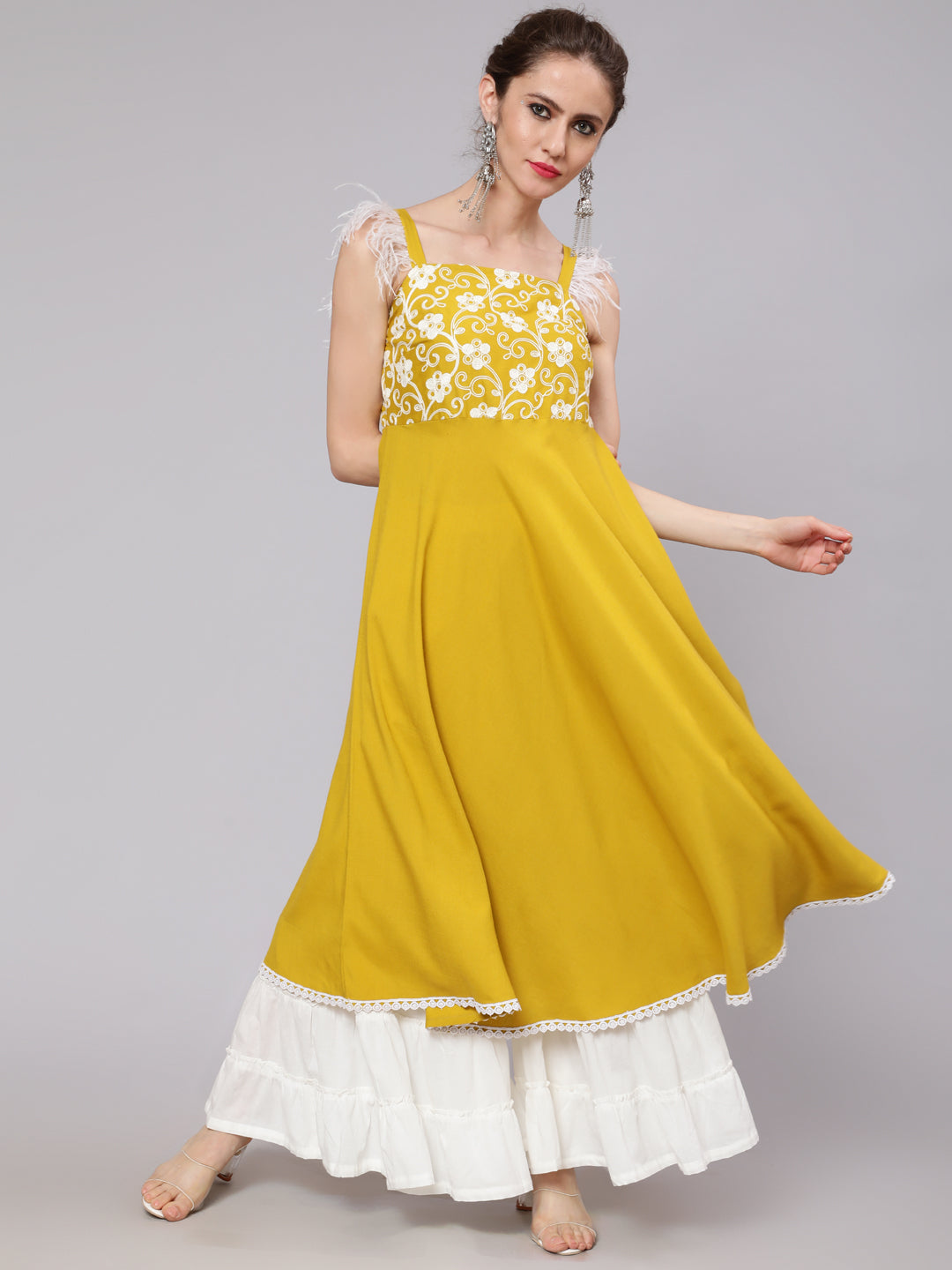 Women's Yellow Embroidered A-Line Kurta With Fur Lace Details - Aks