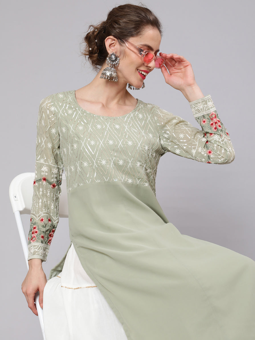 Women's Pastle Green Embroidered Straight Kurta - Aks