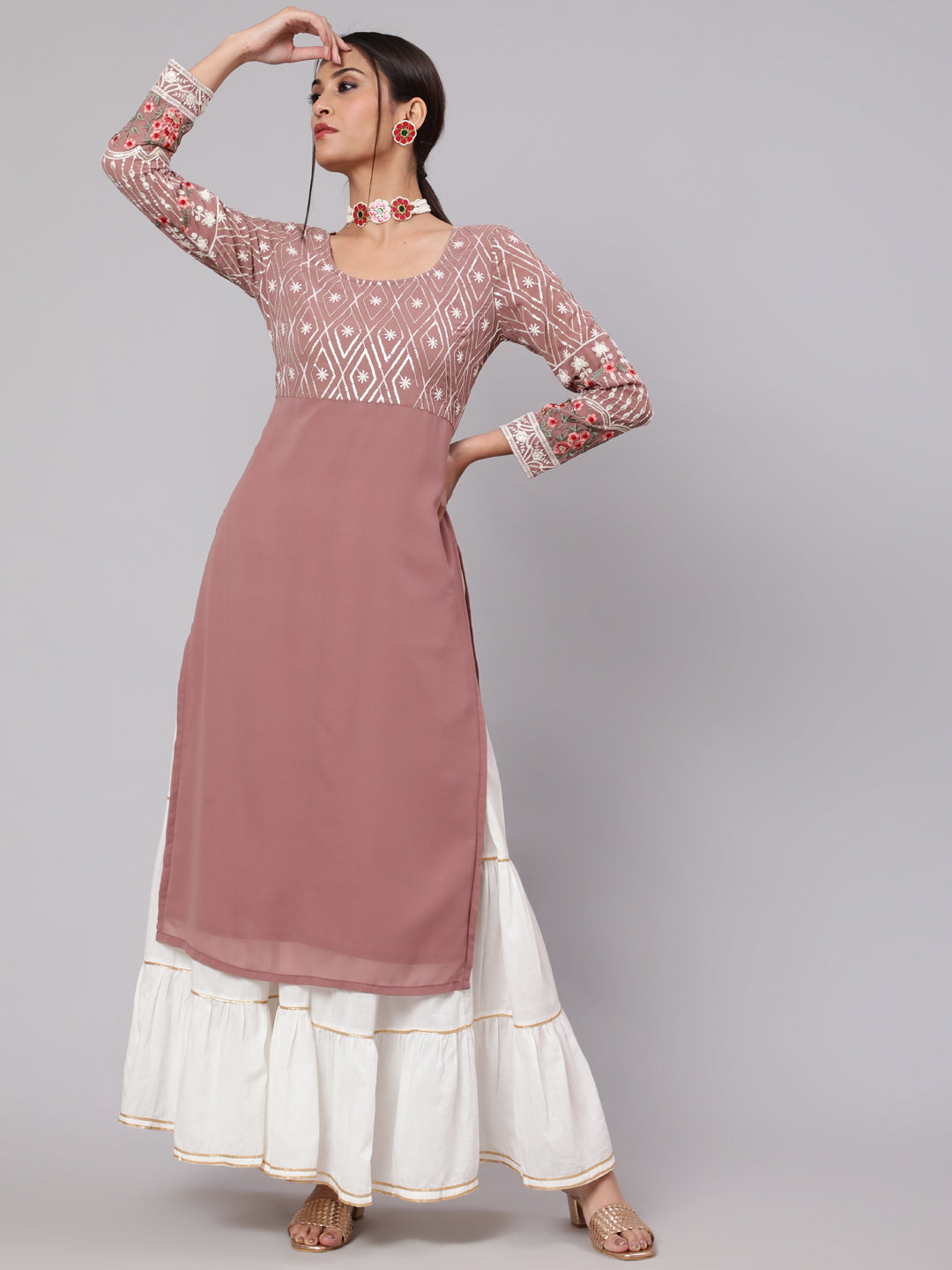 Women's Mauve Embroidered Straight Kurta - Aks