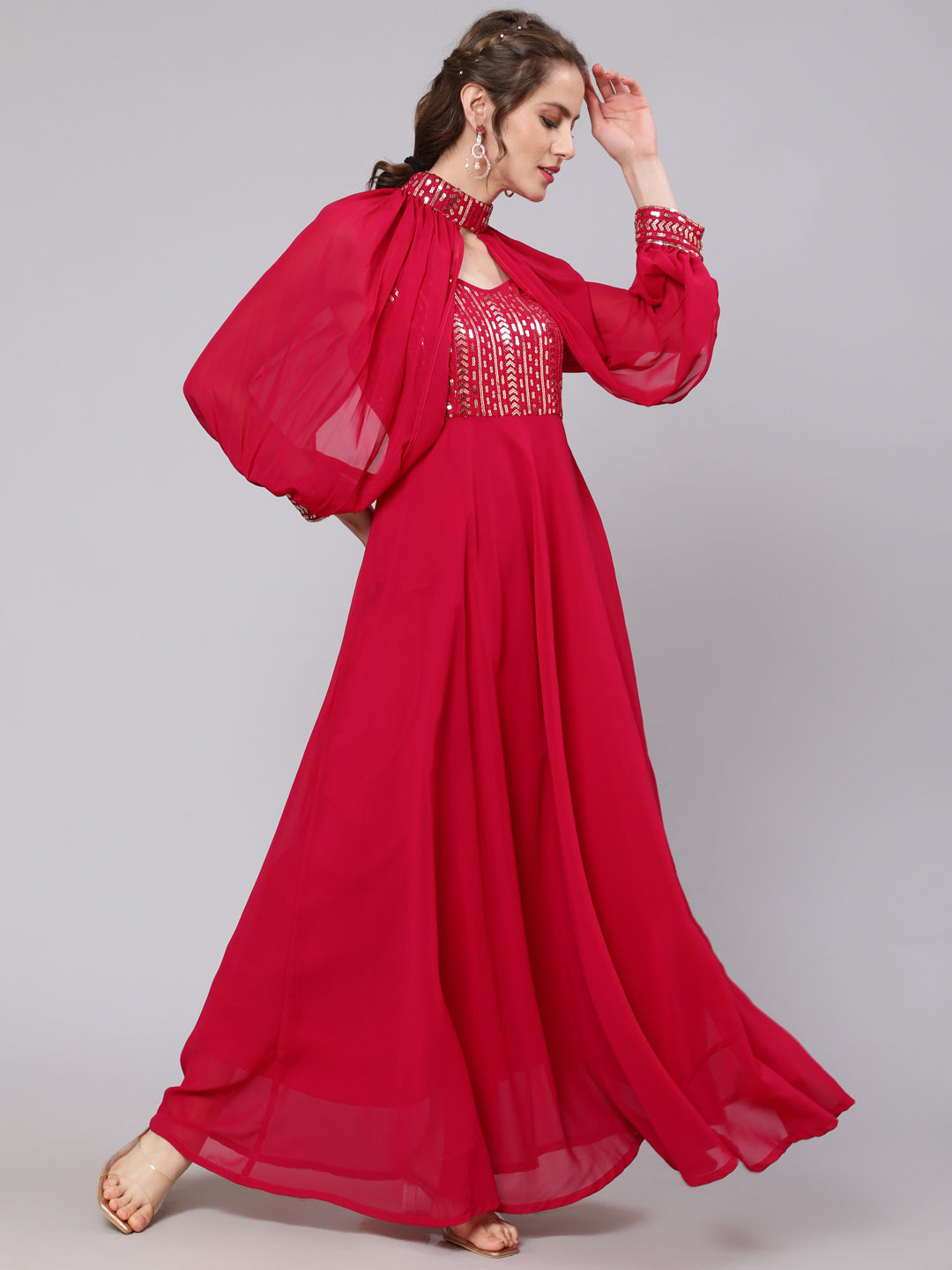 Women's Magenta Sequenced Flared Maxi With Cape Sleeve - Aks