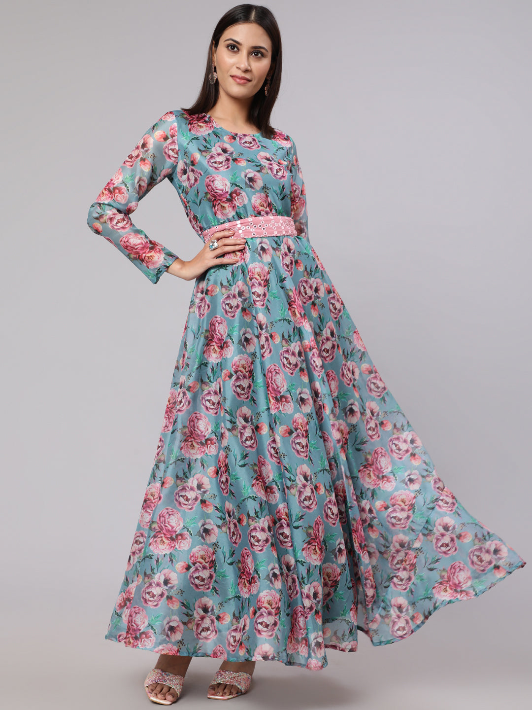 Women's Blue & Pink Floral Printed Flared Maxi With Mirror Work Belt - Aks