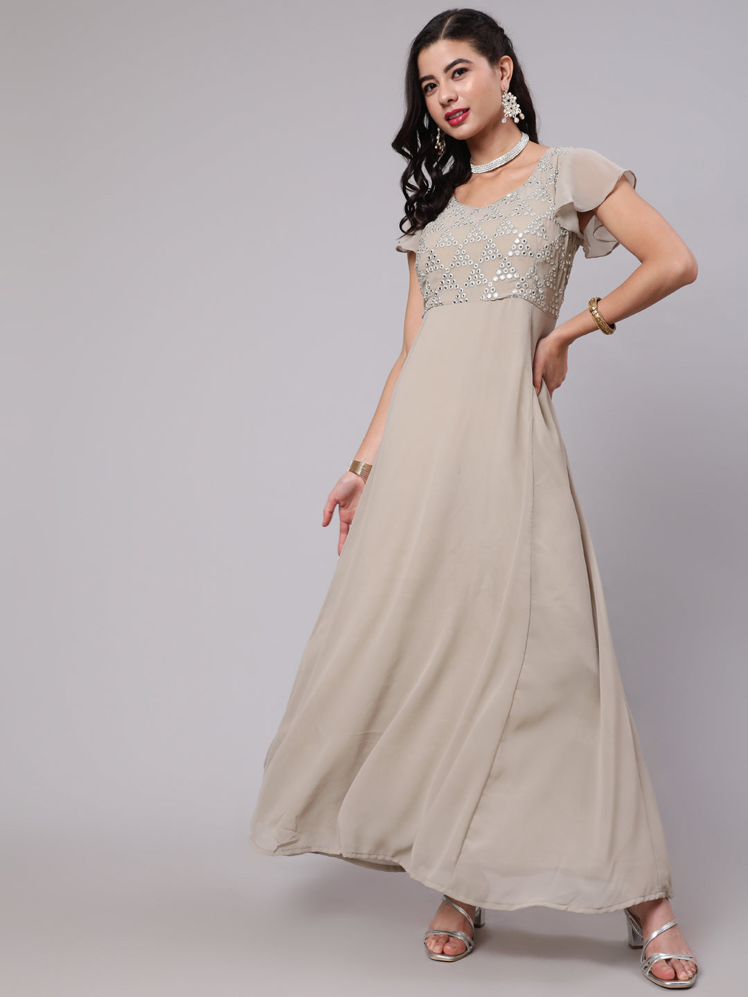 Women's Beige Mirror Work Flared Maxi  - Aks