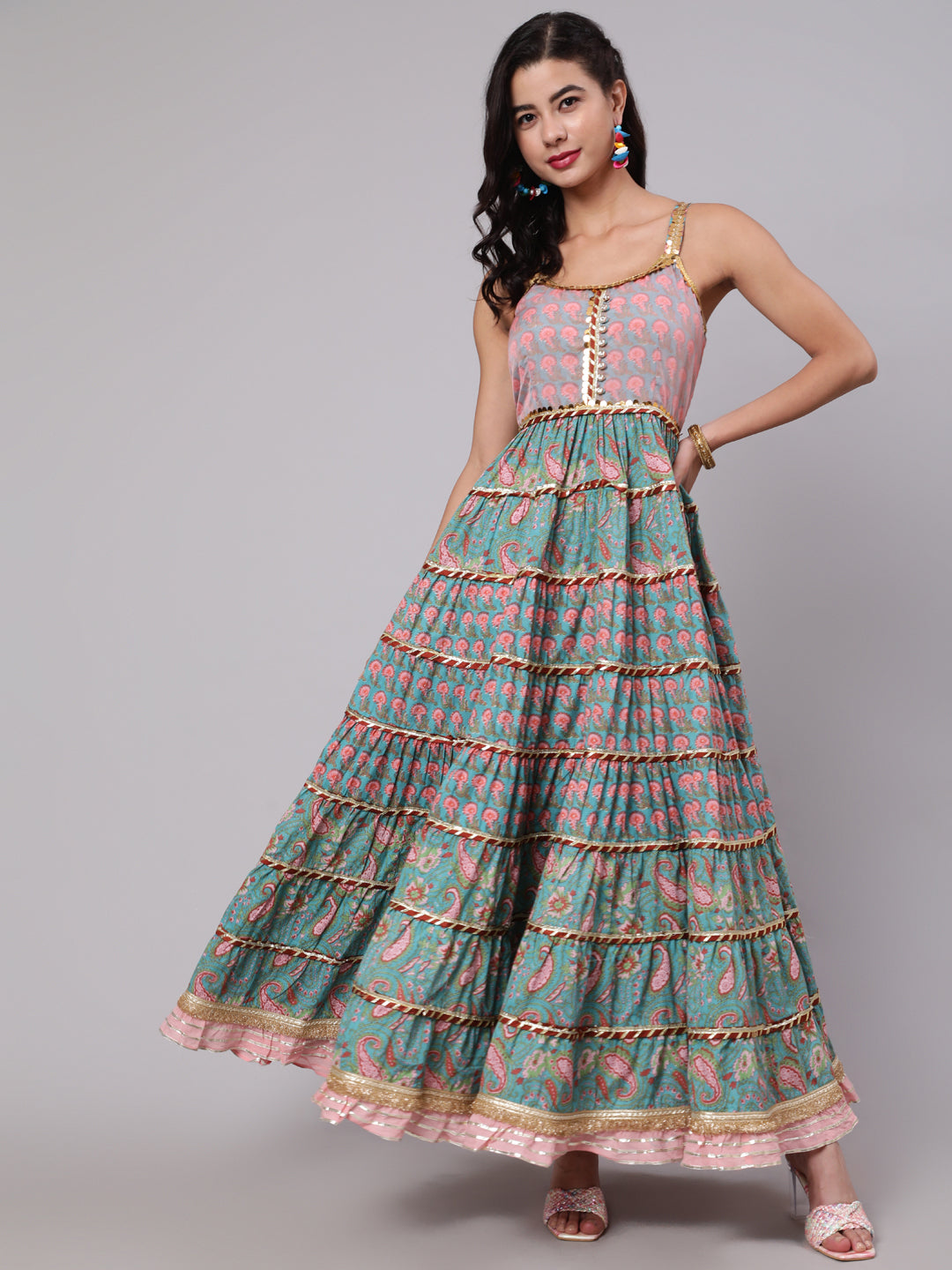 Women's Light Blue & Pink Floral Printed Tiered Maxi Dress With Lace Details - Aks