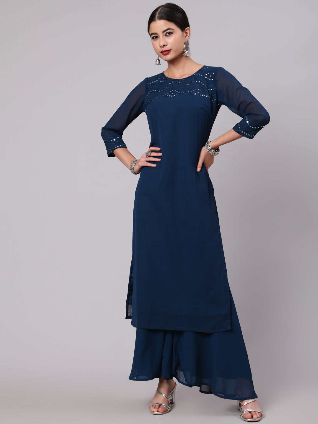 Women's Blue Mirror Work Straight Kurta - Aks