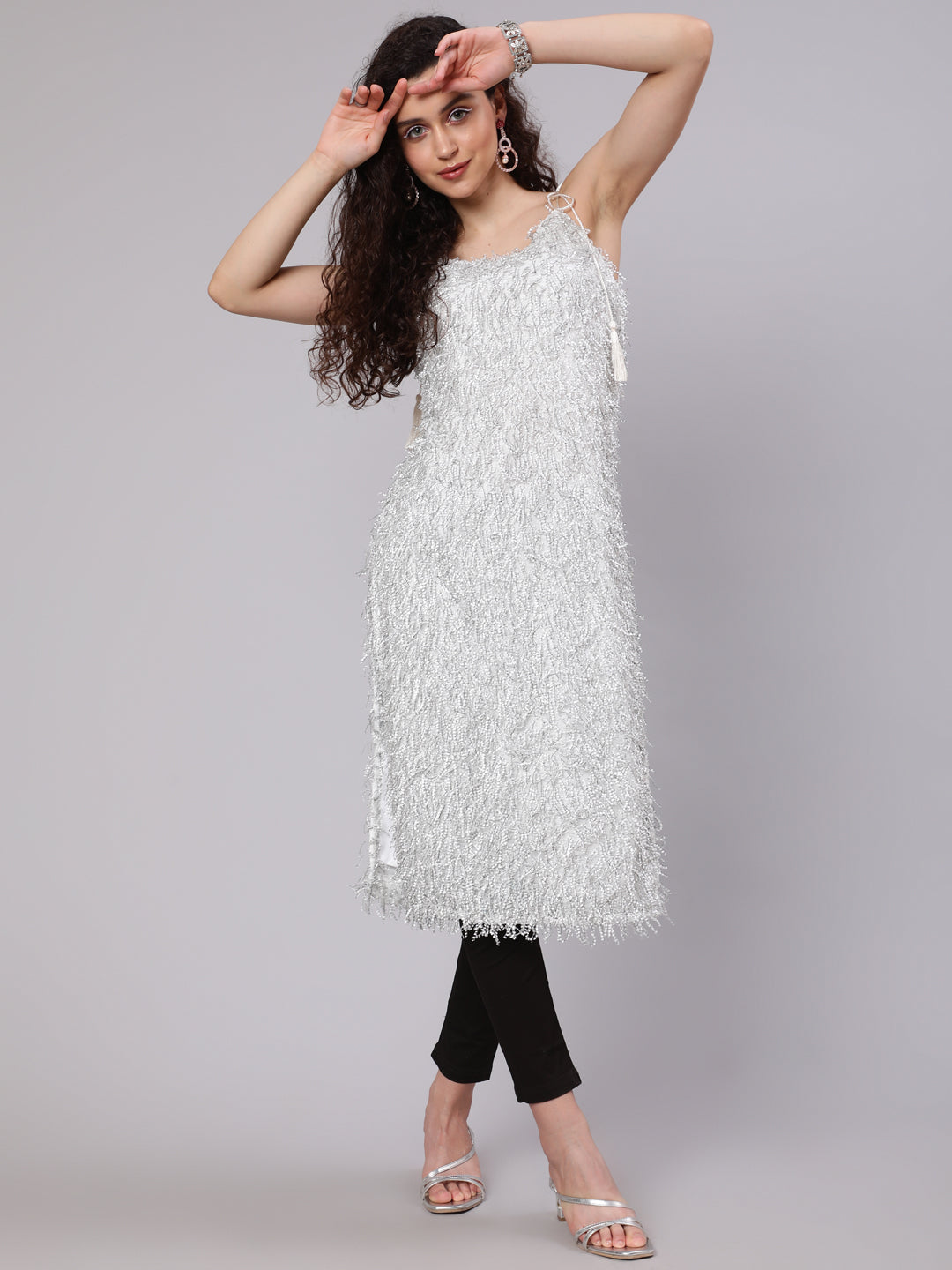 Women's White Fur Design Kurta - Aks