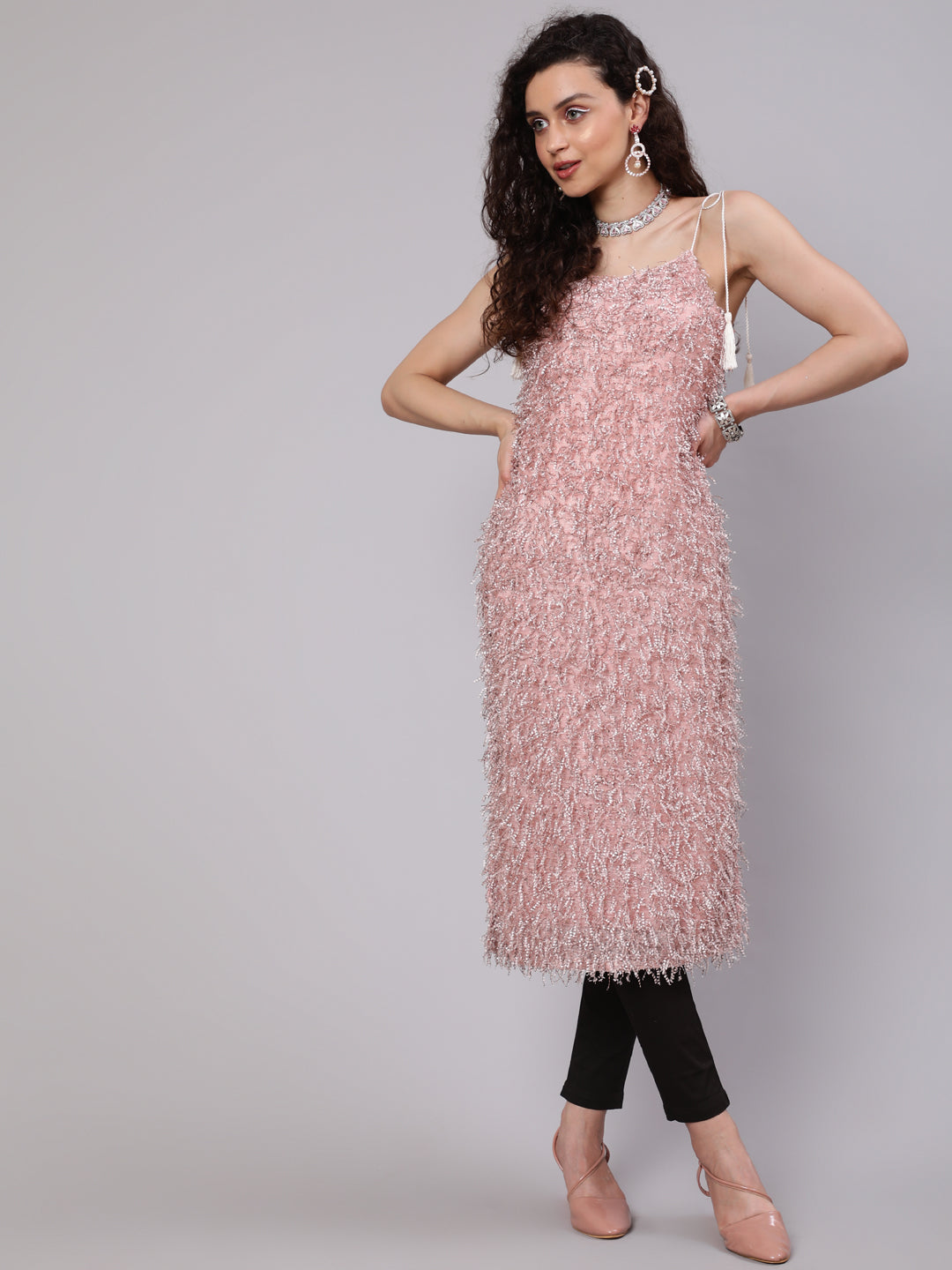 Women's Peach Fur Design Kurta - Aks