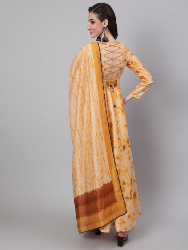 Women's Cream Tie & Dye backless Maxi Dress With Dupatta - Aks