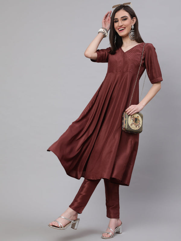 Women's Brown Sequined Yoke Anarkali - Aks