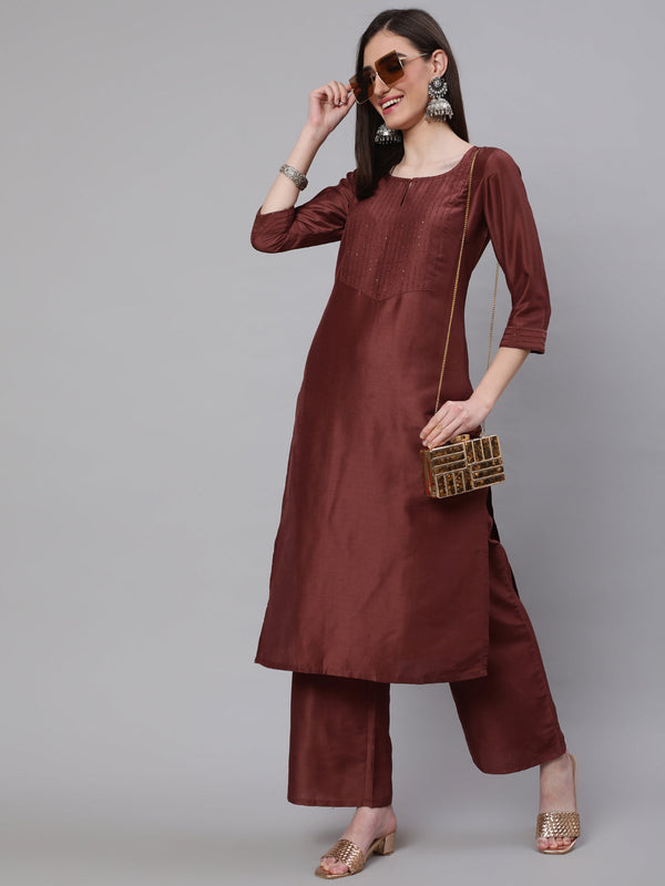 Women's Brown Yoke Sequin Straight Kurta - Aks