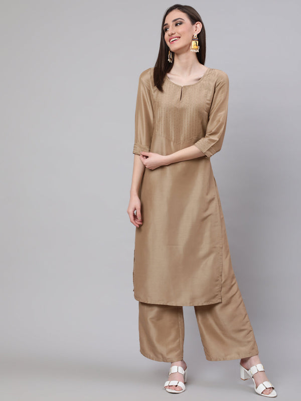 Women's Beige Yoke Sequin Straight Kurta - Aks