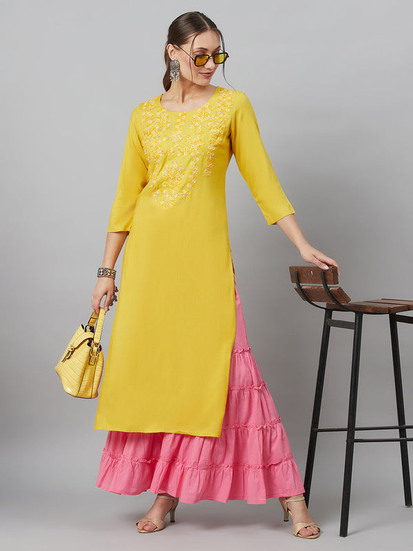 Women's Yellow Embroidered Kurta - Aks