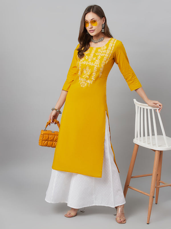 Women's Mustard Embroidered Kurta - Aks