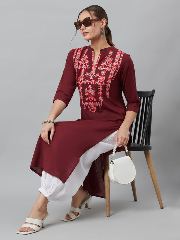 Women's Maroon Embroidered Kurta - Aks