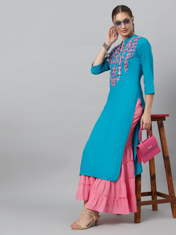 Women's Turquoise Blue Embroidered Kurta - Aks