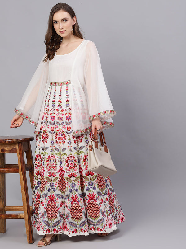 Women's White Embroidered Maxi Dress With Cape Sleeves - Aks