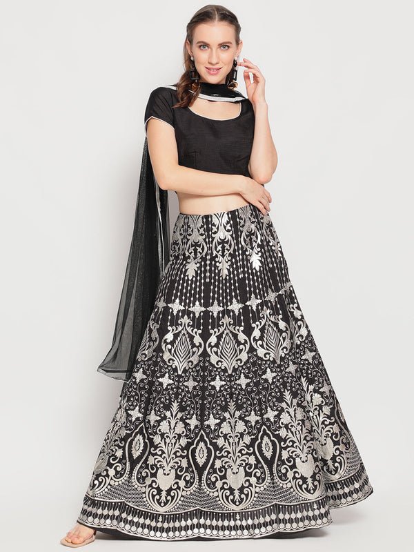 Women's Black Foil Print Lehenga Choli With Dupatta - Aks