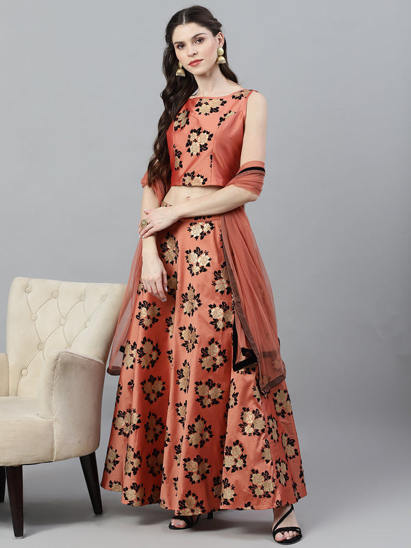 Women's Rose Gold Floral Print Lehenga Choli With Dupatta - Aks