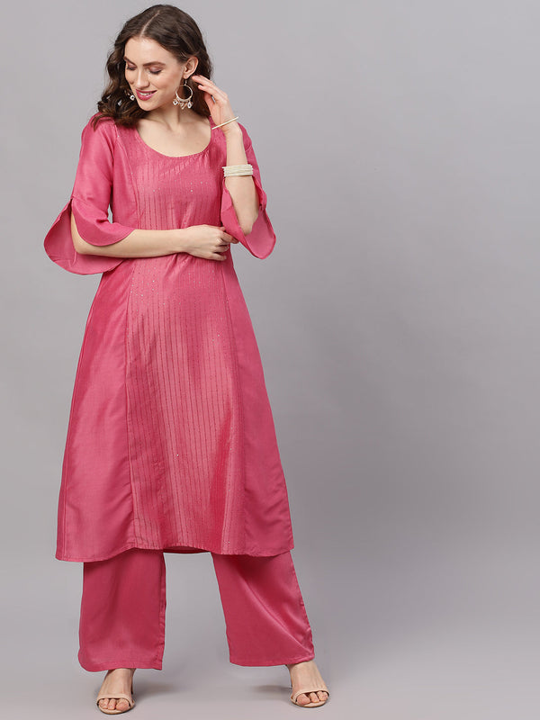 Women's Pink Scoop-Neck A-Line Kurta Set - Aks