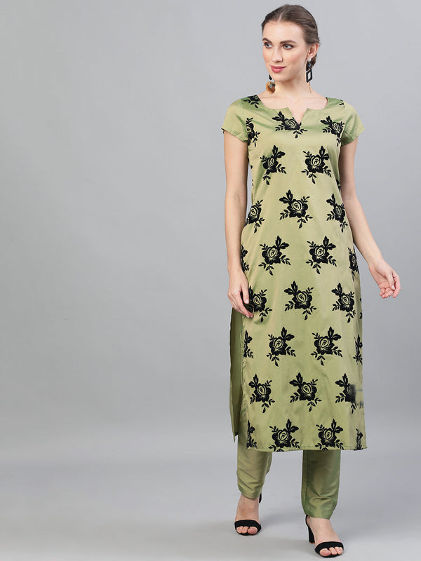 Women's Green Floral Print Kurta With Pant - Aks