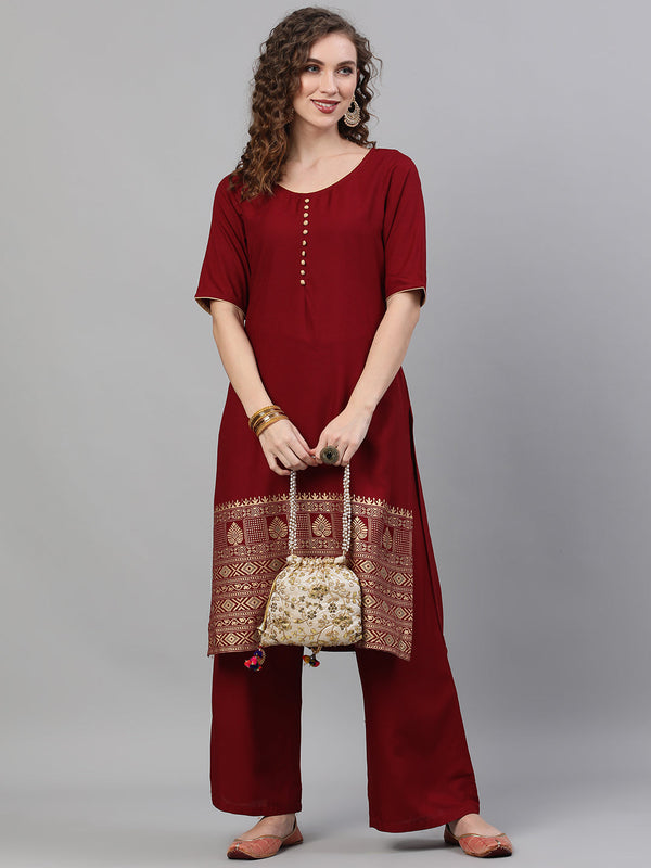 Women's Maroon Gold Printed Kurta With Palazzo - Aks