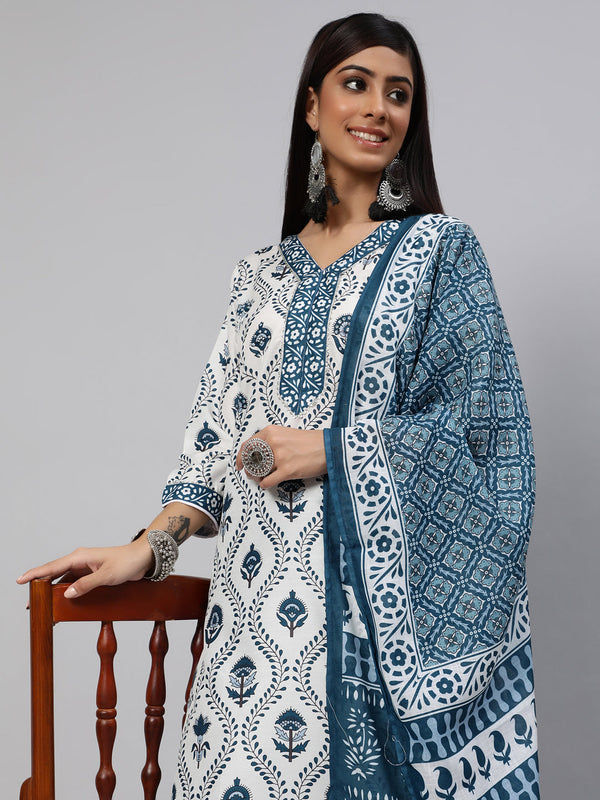 Women's White Printed Kurta Palazzo With Dupatta - Aks