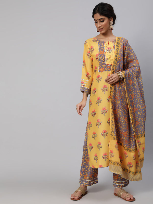 Women's Yellow Floral Printed Kurta Pant With Dupatta - Aks