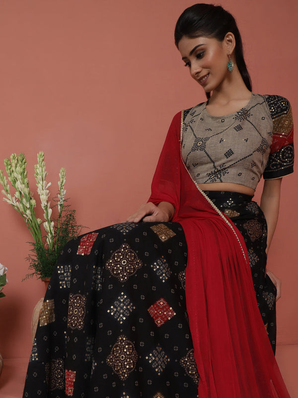 Women's Black Gold Printed Lehenga Choli With Dupatta - Aks