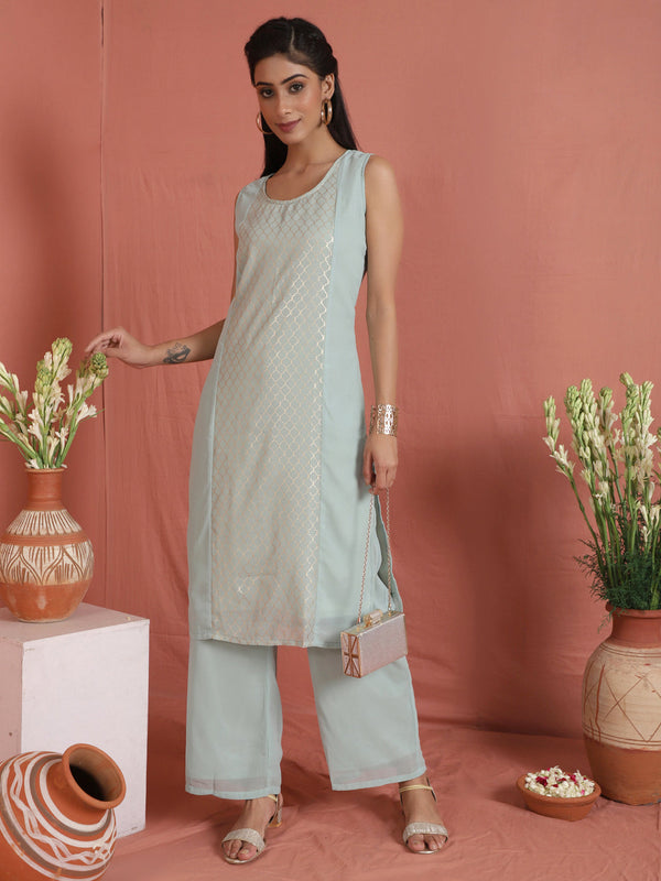 Women's Sea Green Foil Printed Kurta Set - Aks