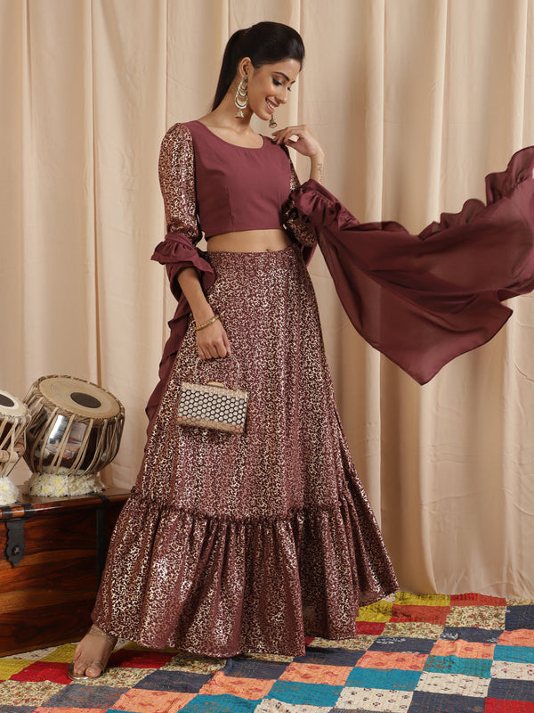 Women's Burgundy Foil Printed Lehenga Choli With Dupatta - Aks