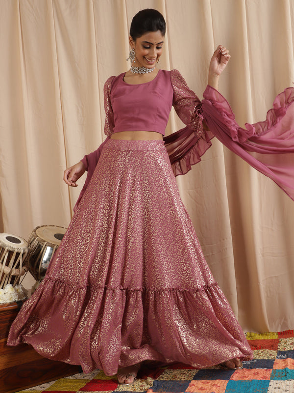 Women's Mauve Gold Foil Printed Lehenga Choli With Ruffle Dupatta - Aks